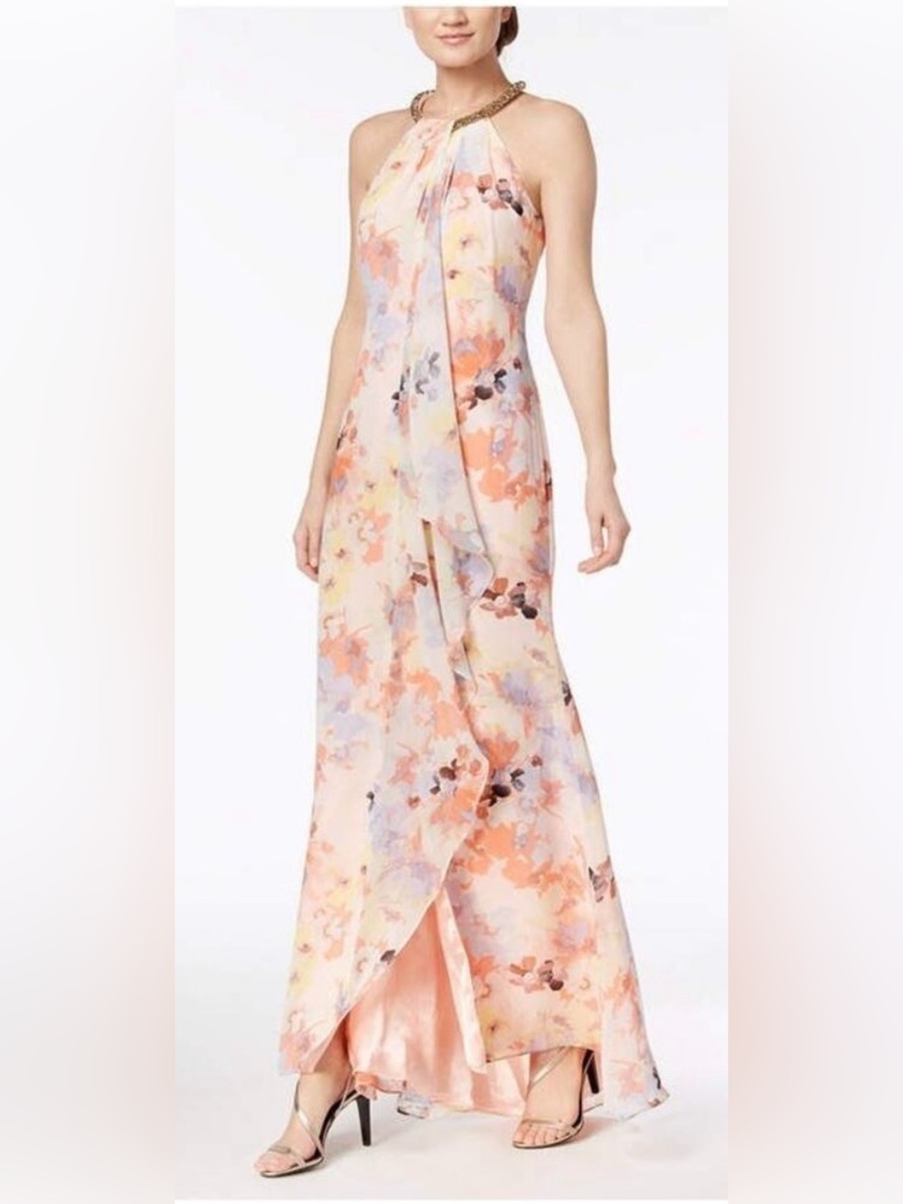 Calvin Klein Peach Floral Halter Maxi Dress